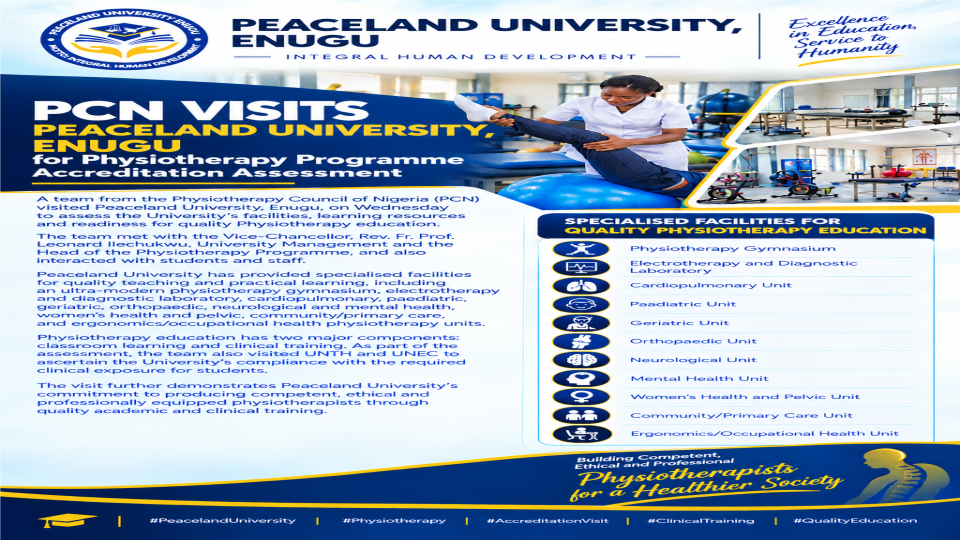 PHYSIOTHERAPY ACCREDITATION VISIT TO PEACELAND UNIVERSITY, ENUGU